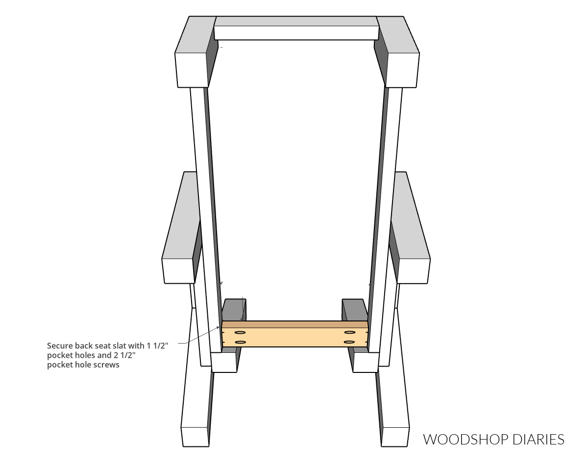 Diagram showing back seat support installed between side frames from underside