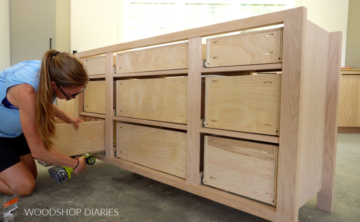Shara Woodshop Diaries installing drawer box into dresser frame