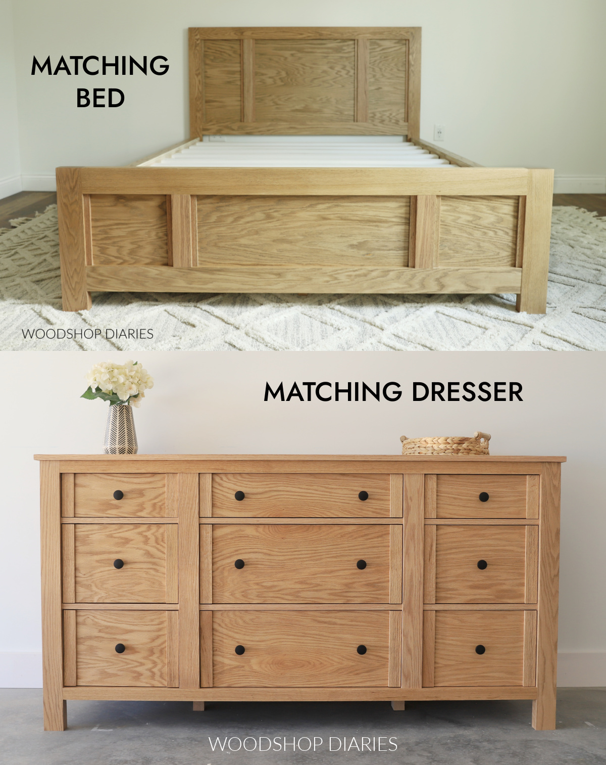 Collage image showing matching bed frame at top and matching dresser at bottom to compare design