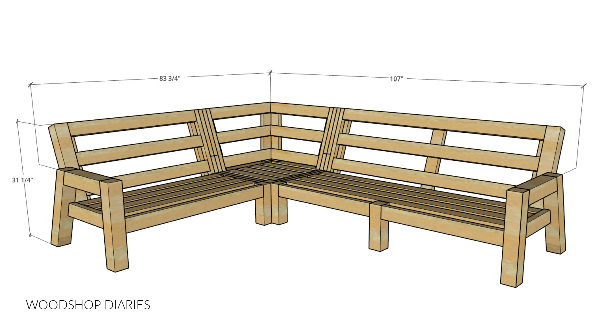 Overall dimensional diagram of modular outdoor sectional showing height, width, and the length dimensions