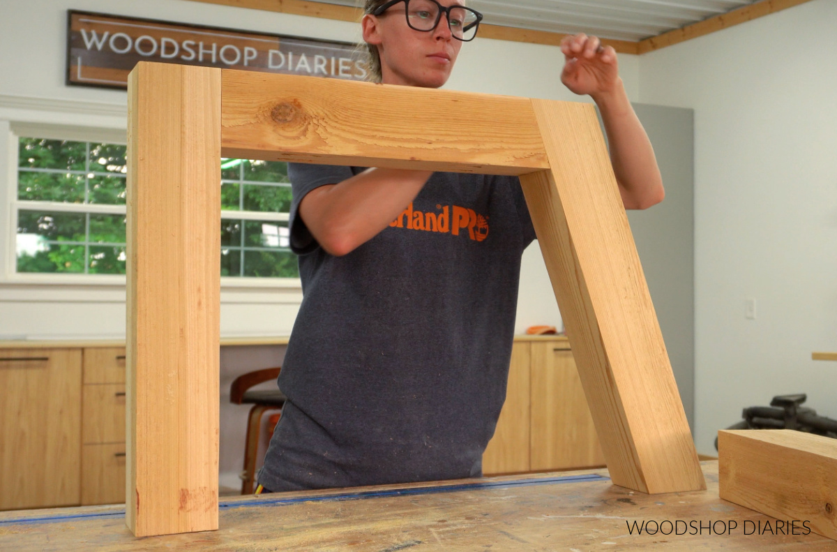 Shara Woodshop Diaries assembling 4x4 cedar side frame for sectional on workbench