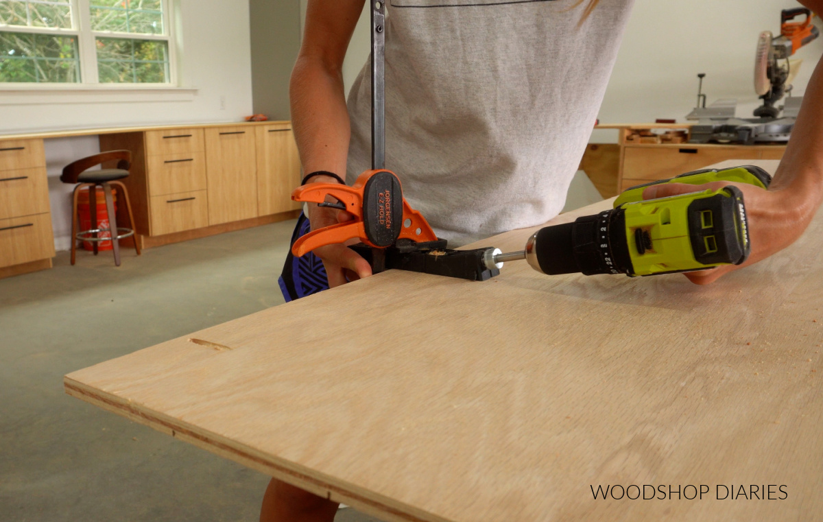 Shara Woodshop Diaries drilling pocket holes with Kreg Micro Pocket Hole Jig