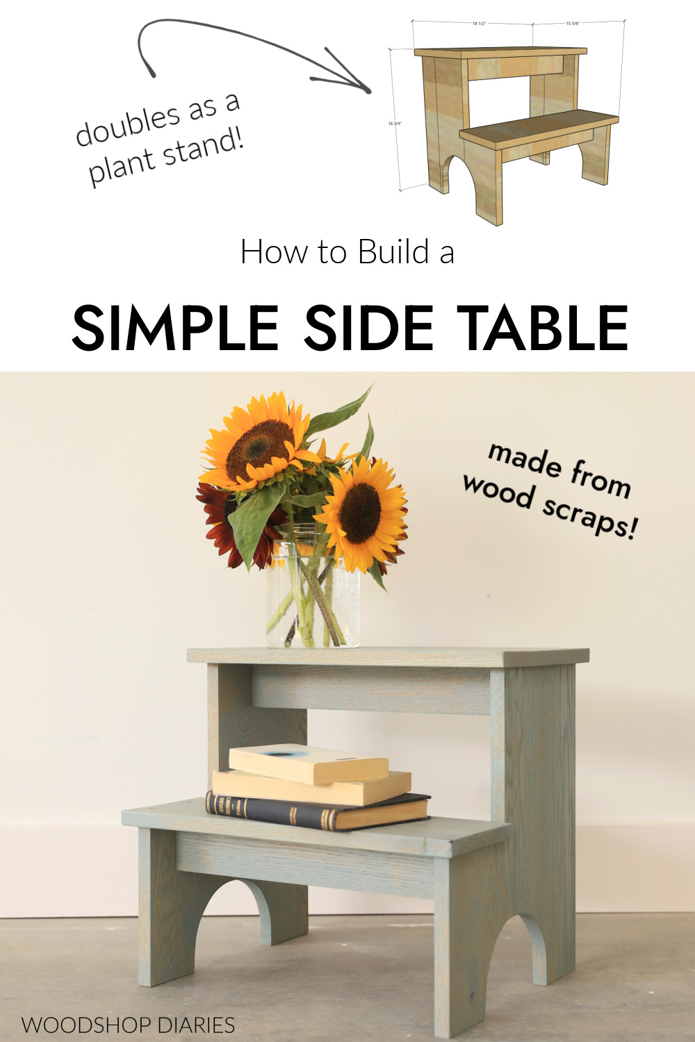 Pinterest collage image showing completed DIY side table at bottom and dimensional diagram at top with text "how to build a simple side table"