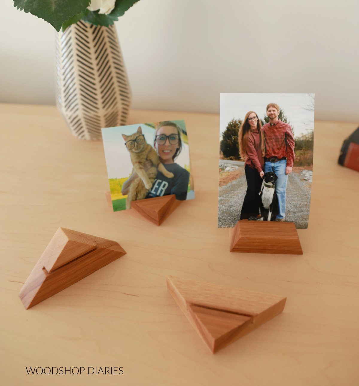 triangle wood blocks with photos in them