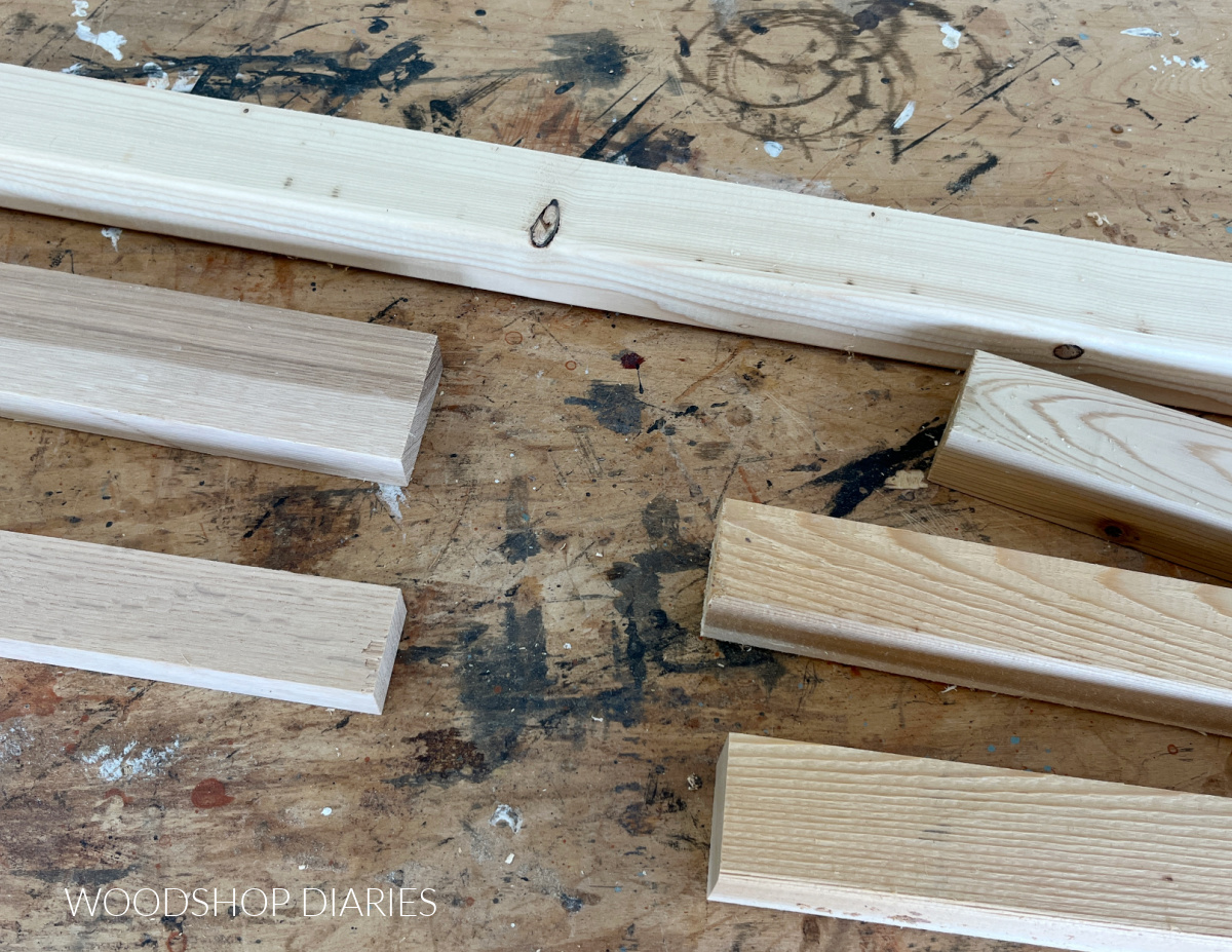 scrap wood on workbench for photo stands