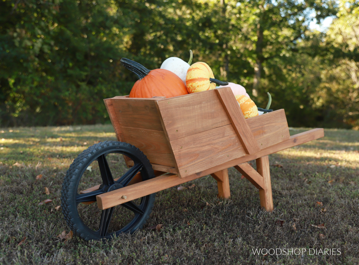 DIY Decorative wooden wheelbarrow filled with pumpkins in yard
