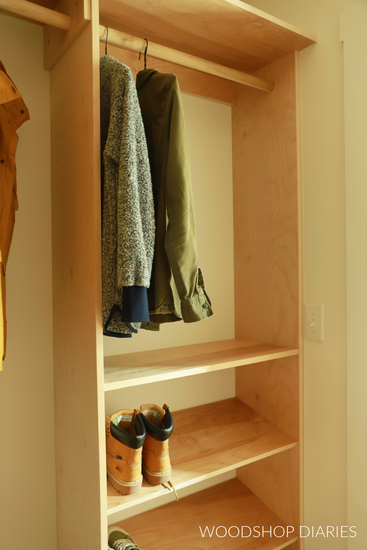 Tall modular plywood closet cabinet with hanging rod at top and shoe shelves at bottom