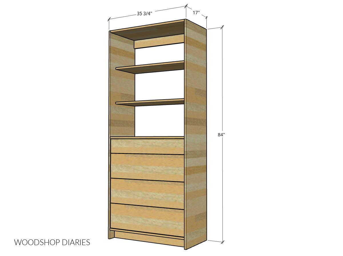Drawer and shelf combination tall closet cabinet diagram with dimensions