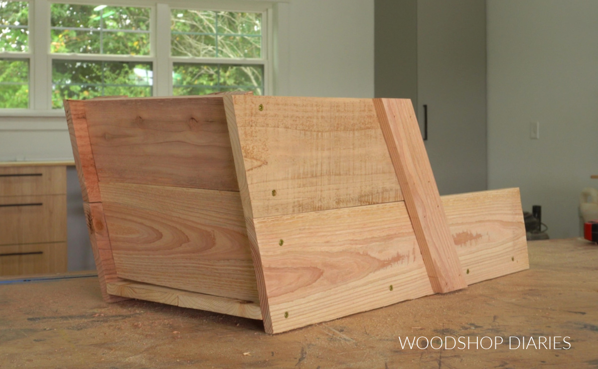 Wooden Wheelbarrow body assembled on workbench