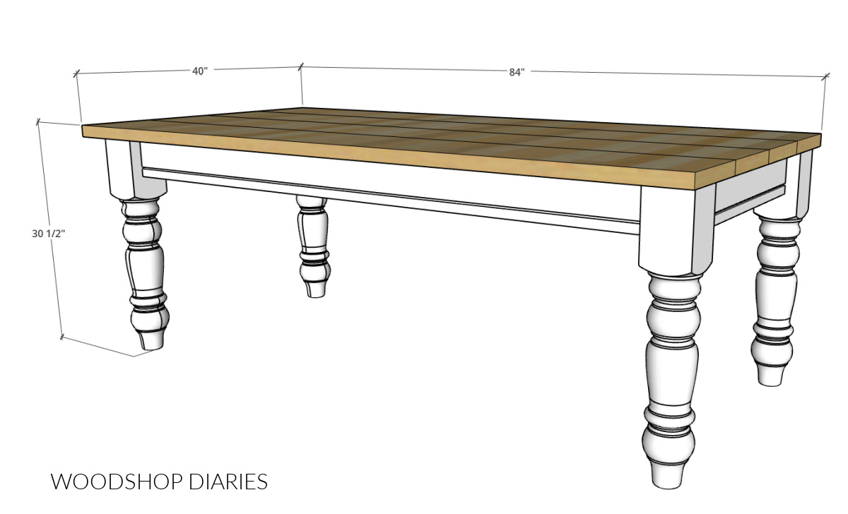 Diagram showing overall dimensions of DIY dining table