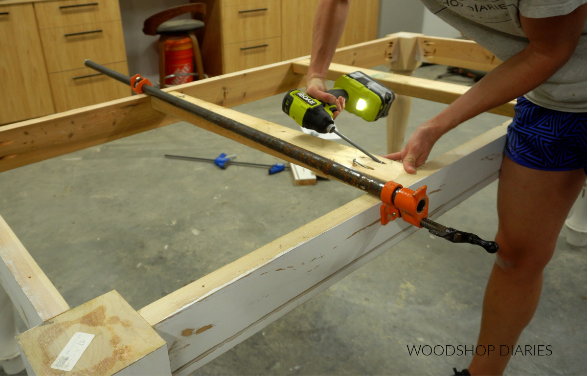 Shara Woodshop Diaries installing top supports on dining table frame using pocket holes and screws