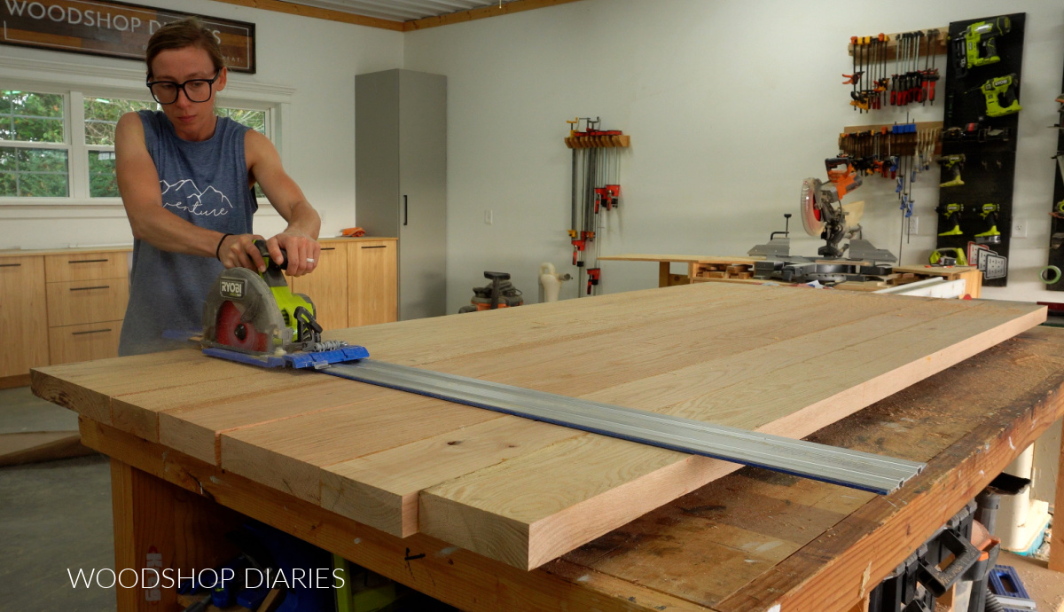 Shara Woodshop Diaries cutting dining table top down to final size