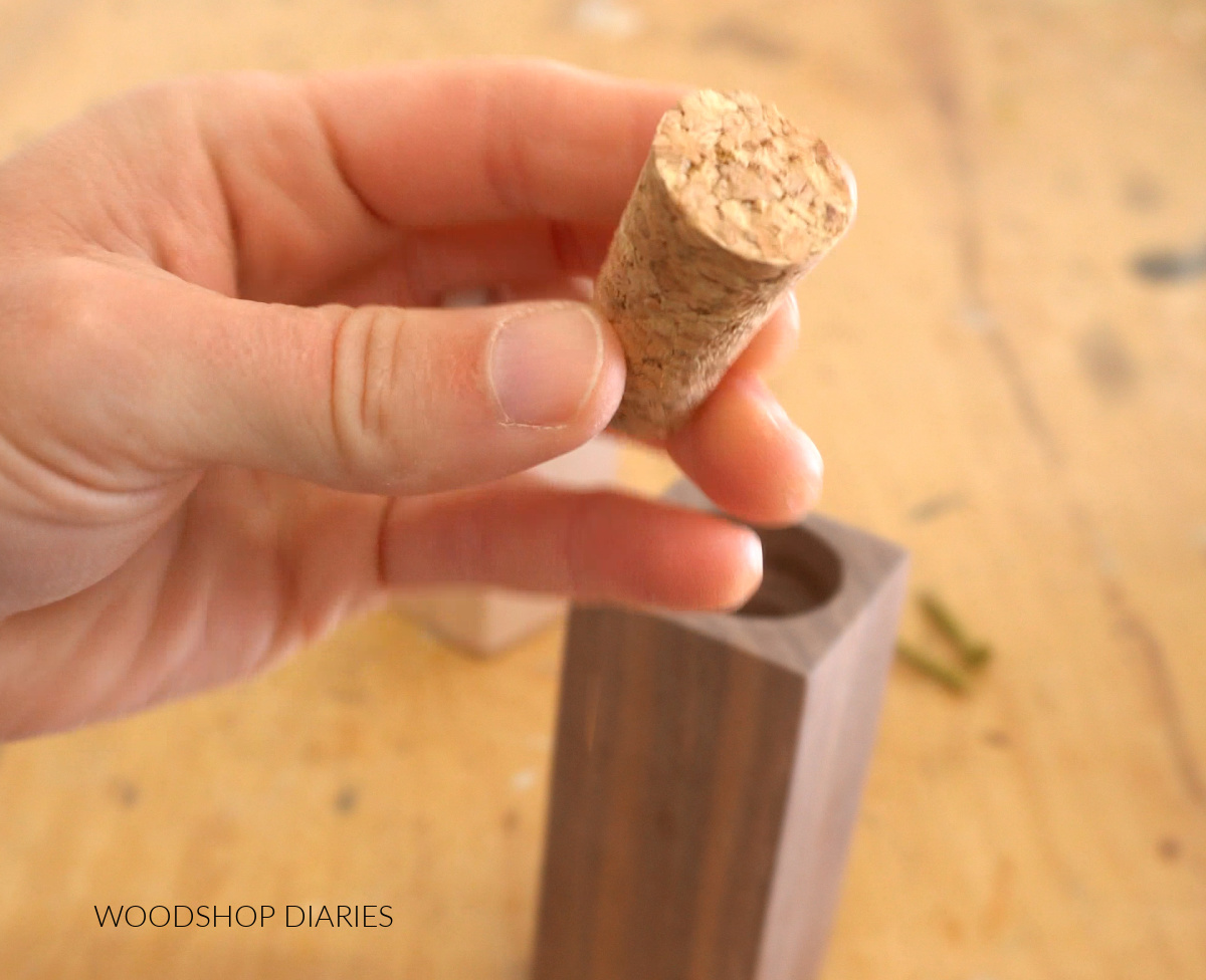 Close up of tapered cork for plugging salt and pepper shakers