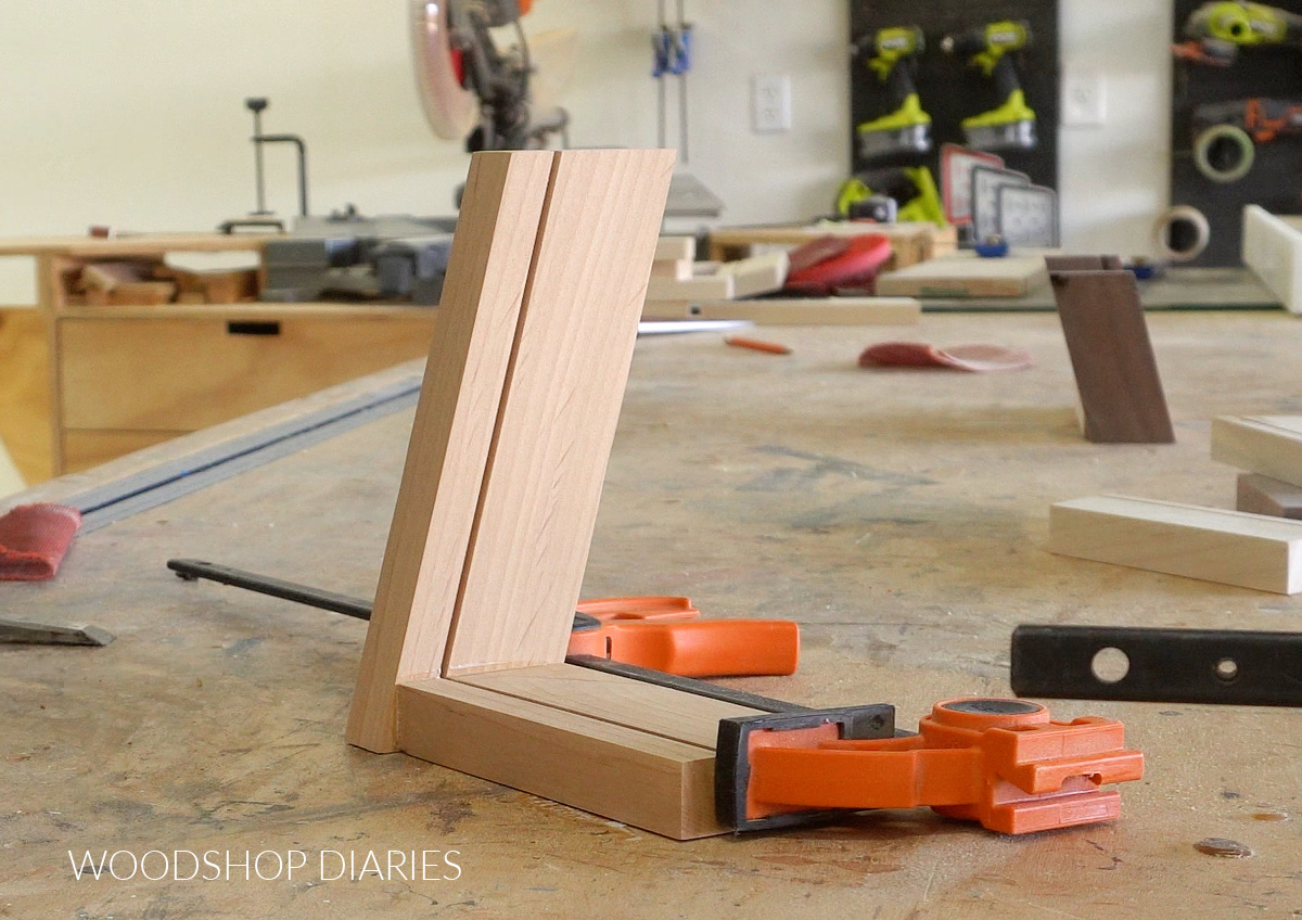 Two sided EASY DIY desktop photo frame with sloped side glued up in clamps