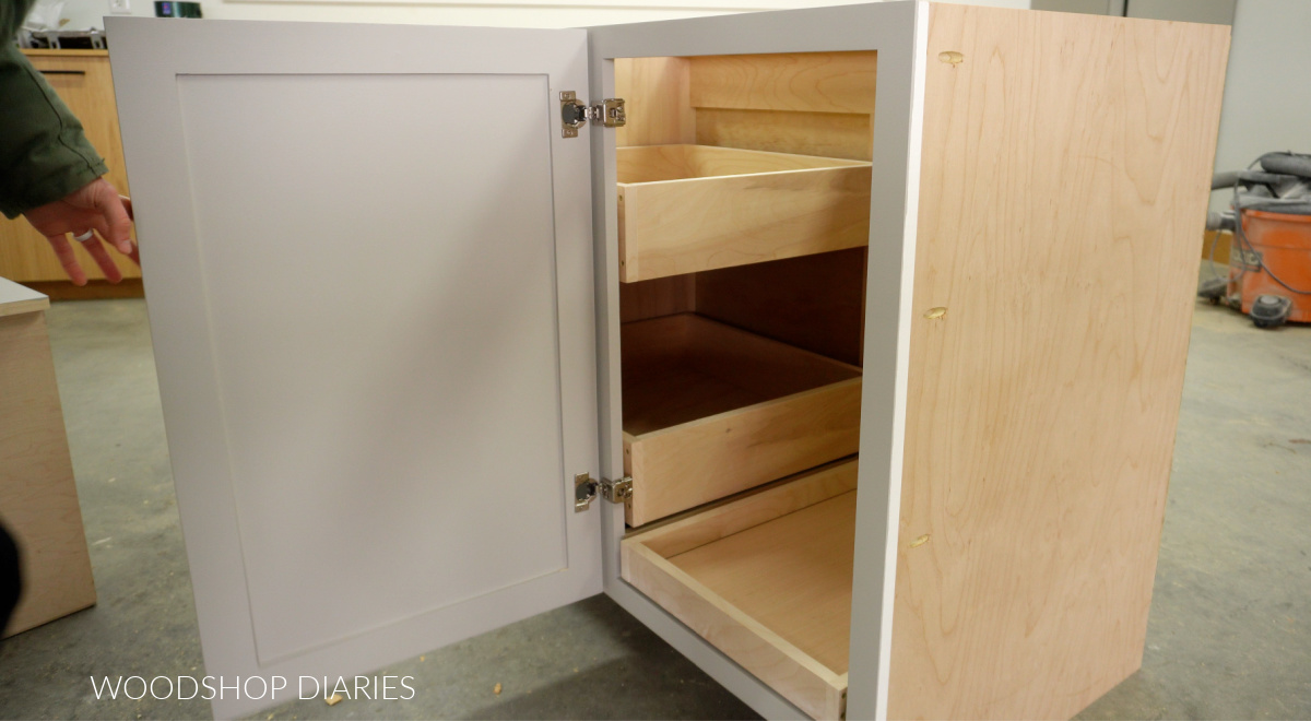 Blind corner cabinet door installed onto face frame