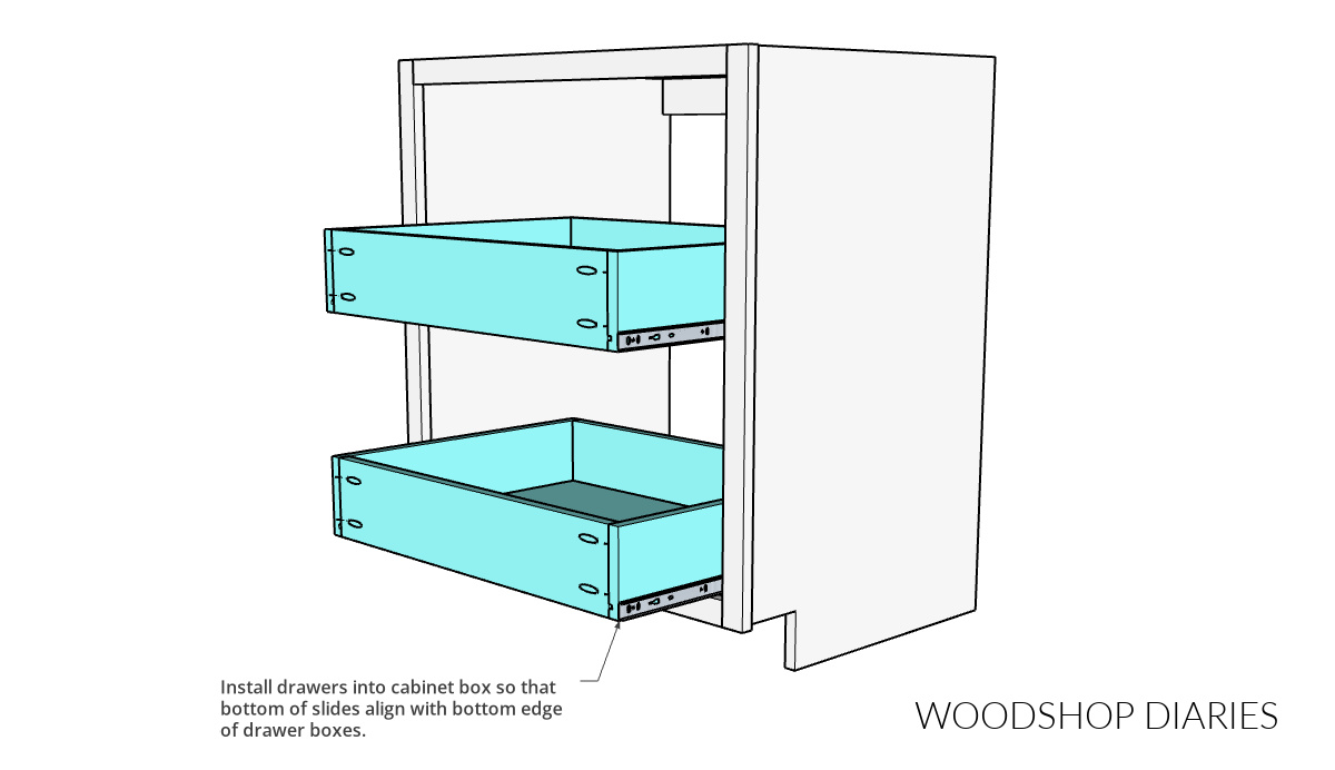 Diagram showing how to install drawer boxes into cabinet