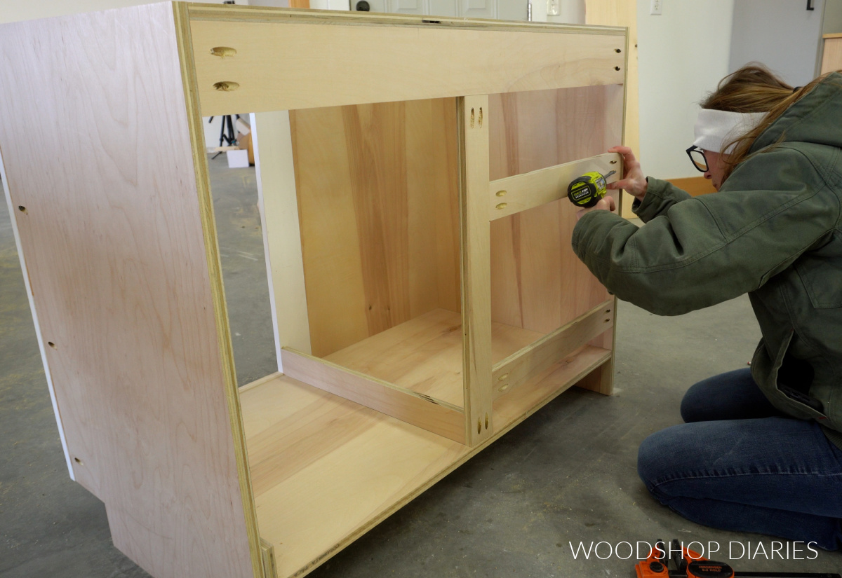 Shara Woodshop Diaries installing drawer slide braces and framing in blind corner cabinet