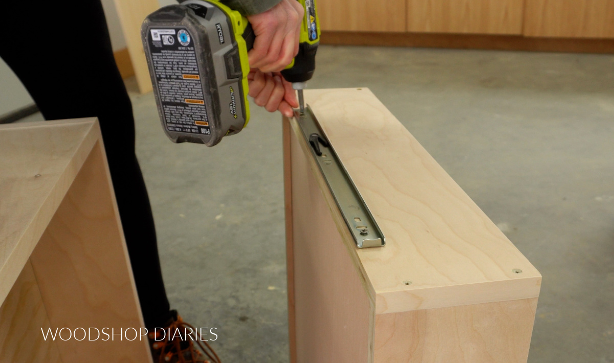 Installing drawer slide onto drawer box