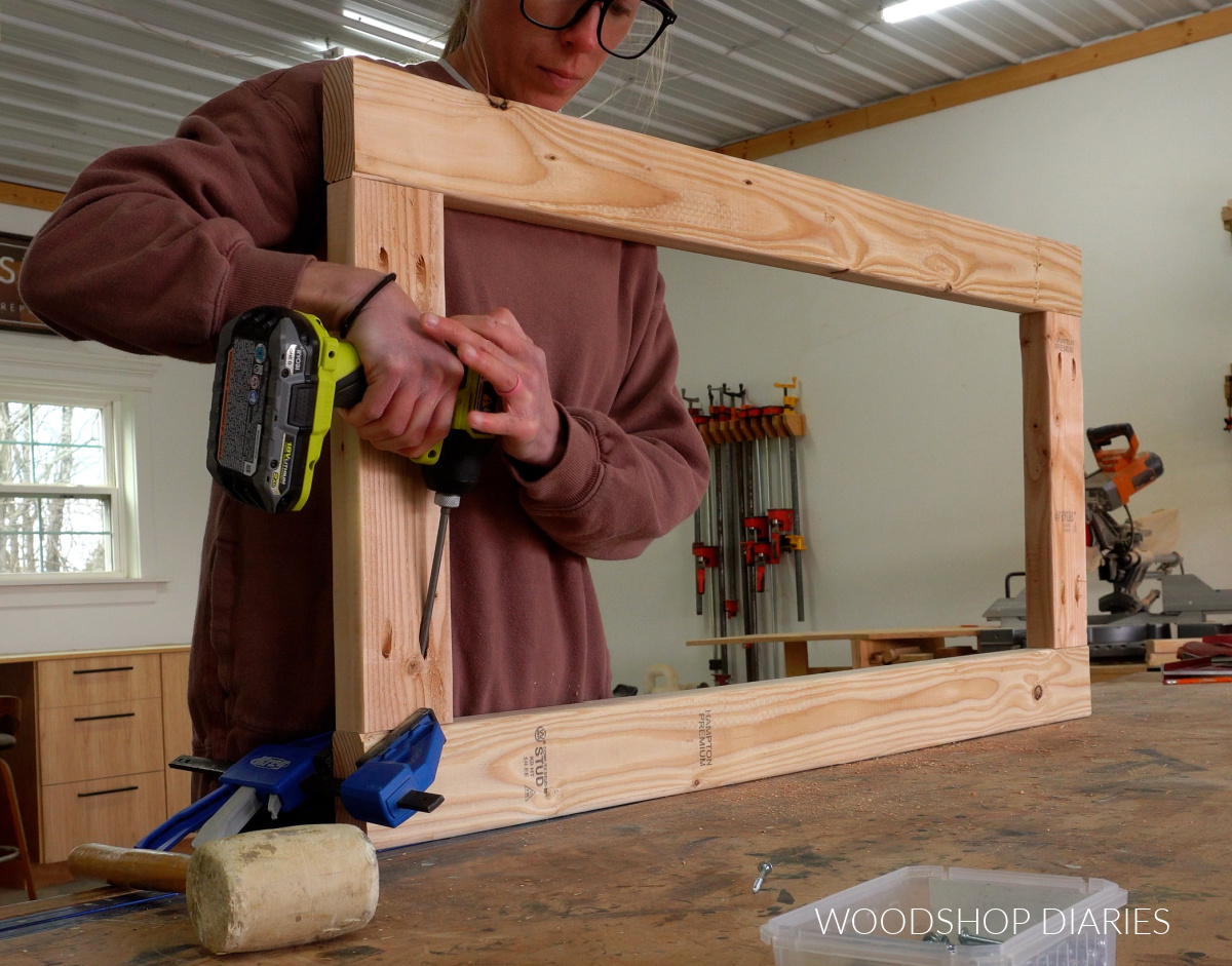 Shara Woodshop Diaries assembling 2x4 frame with pocket holes in board ends