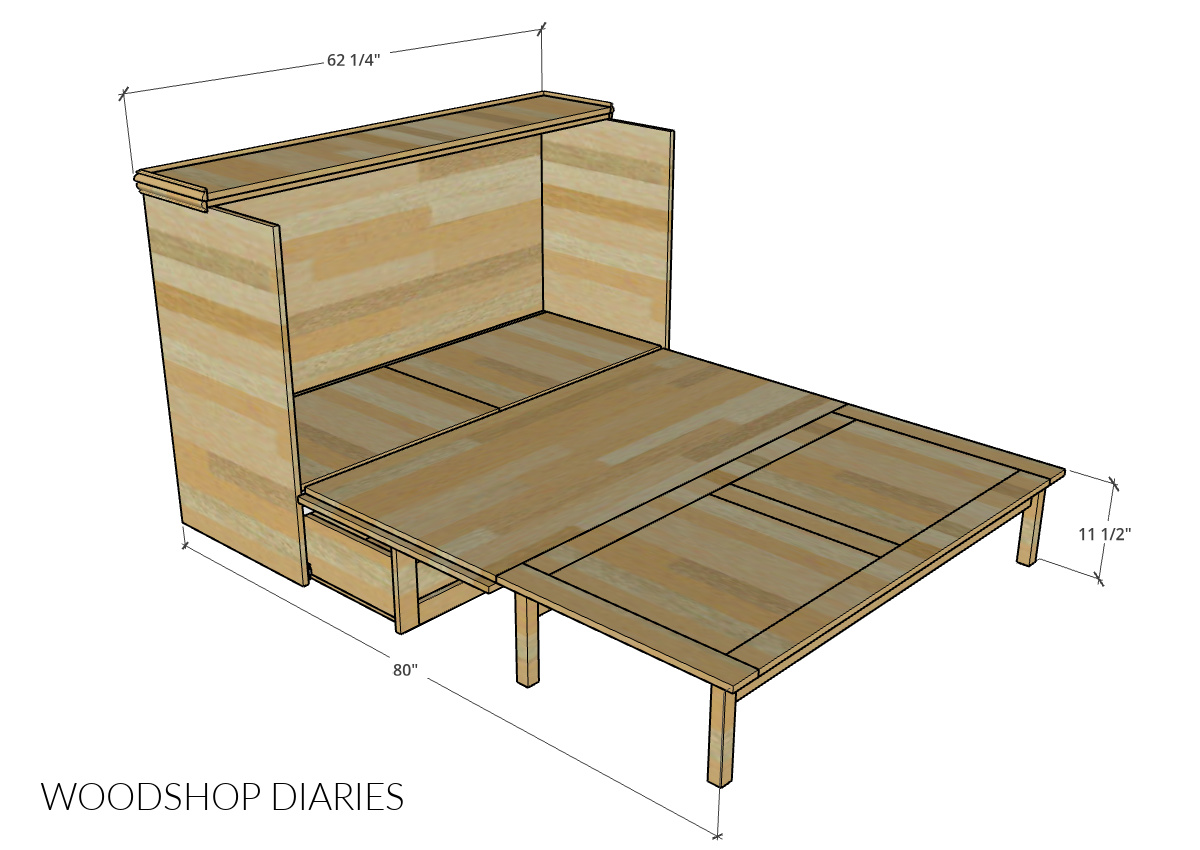 Dimensional diagram of DIY murphy bed cabinet when opened