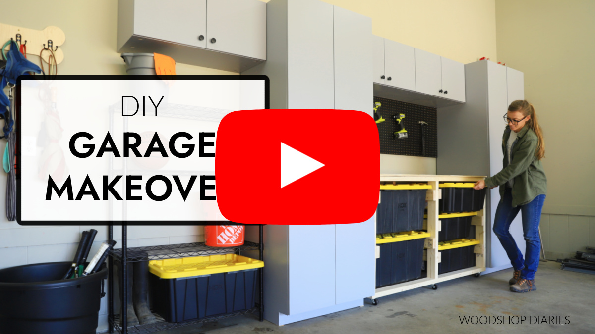 YouTube Thumbnail showing Shara Woodshop Diaries with garage cabinets and text "DIY garage makeover"