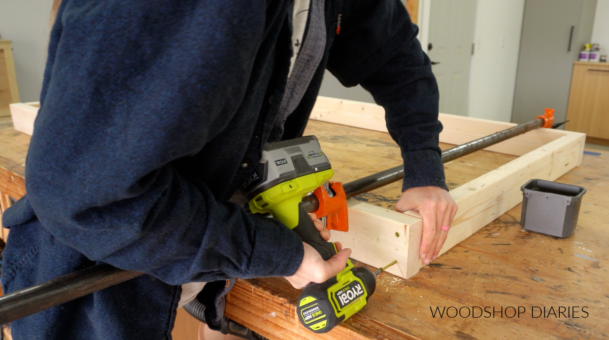 Shara Woodshop Diaries assembling tote storage workbench frame wiht 2 ½" screws