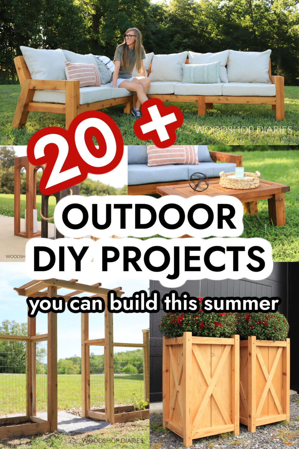 Pinterest Collage image showing DIY outdoor projects with text overlay "20+ outdoor DIY projects you can build this summer"