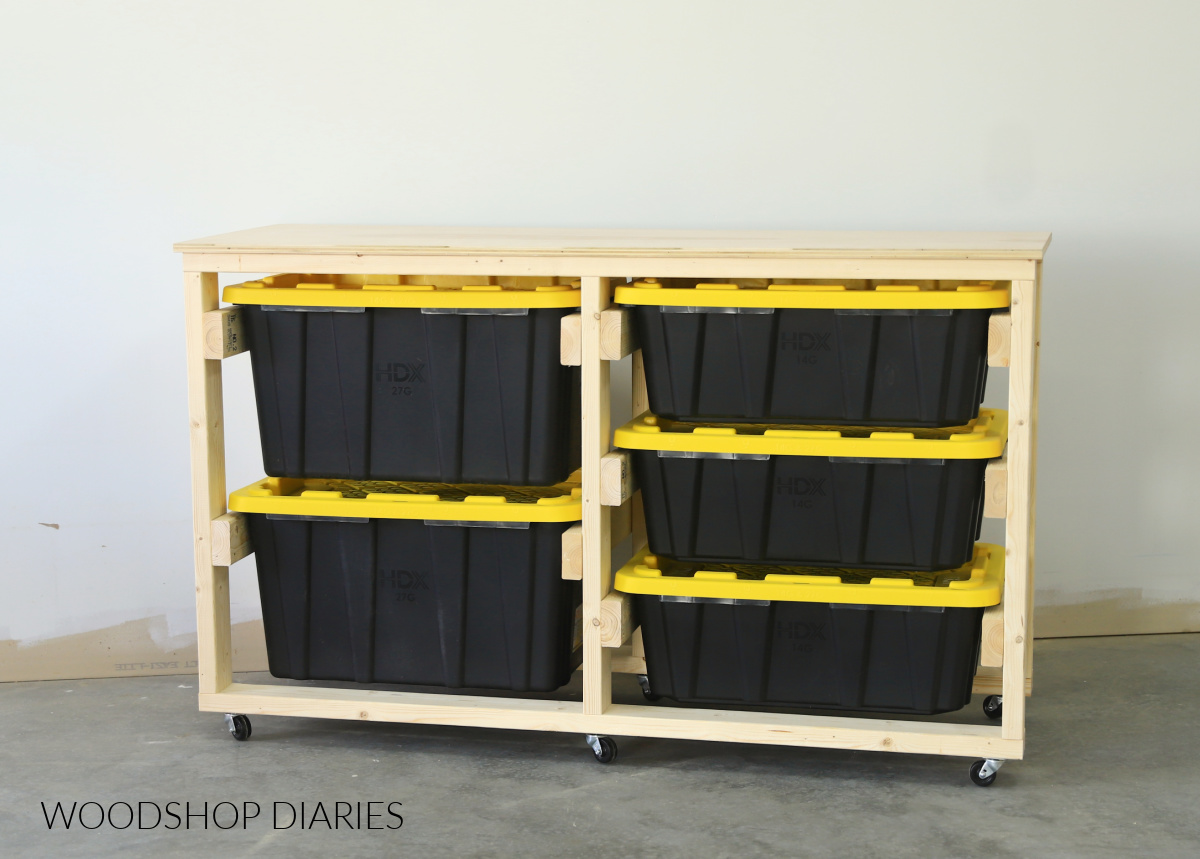 DIY tote storage workbench made from 2x4s
