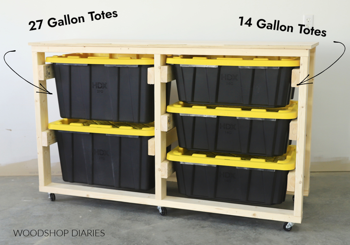 27 gallon and 14 gallon totes loaded into workbench frame
