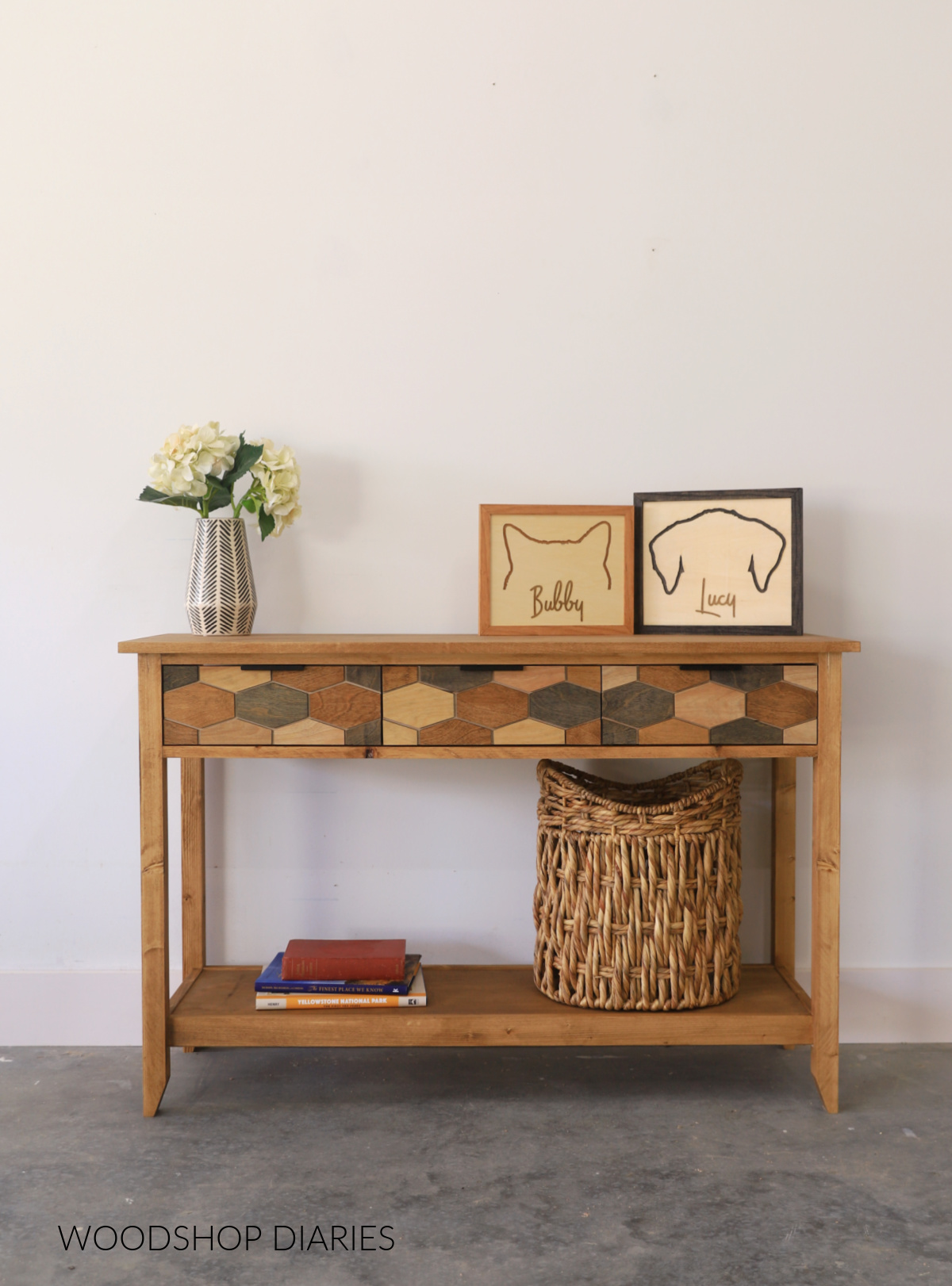 DIY console table with three drawers and a shelf--modern geometric pattern on drawer fronts