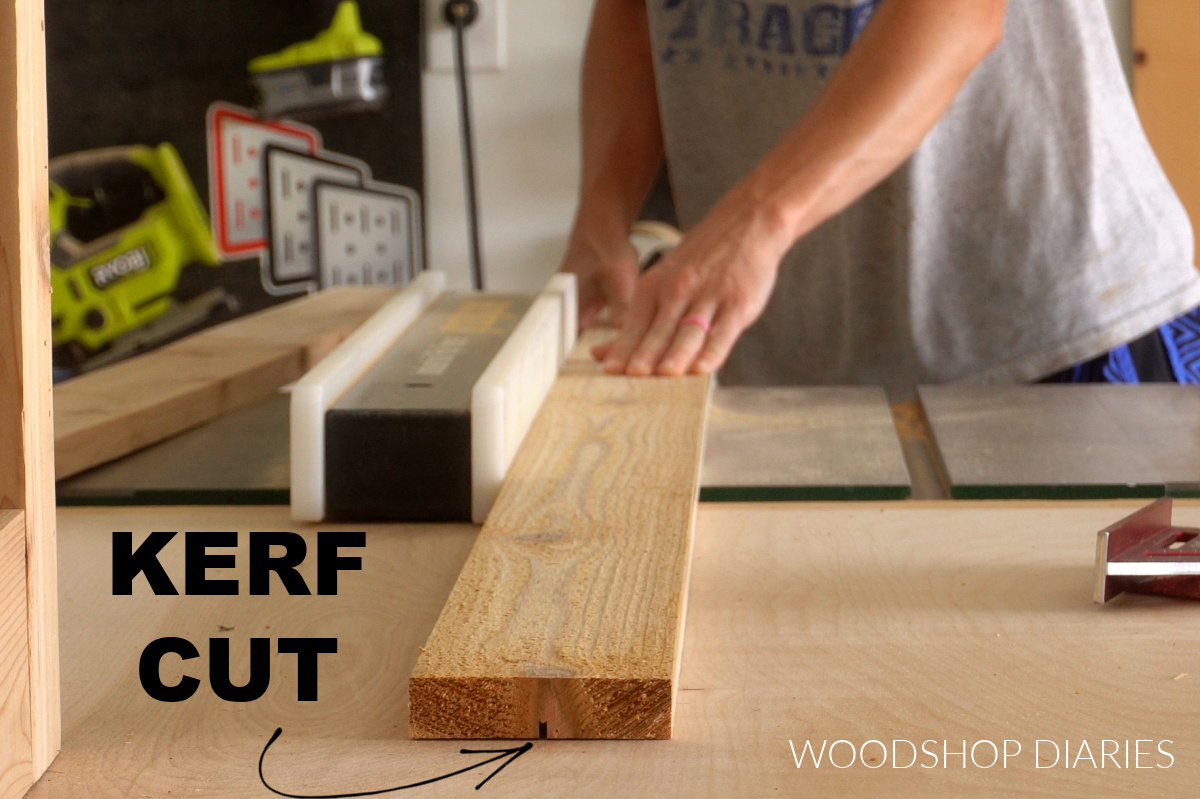 Shara Woodshop Diaries running 1x4s through table saw to cut kerf down center of boards