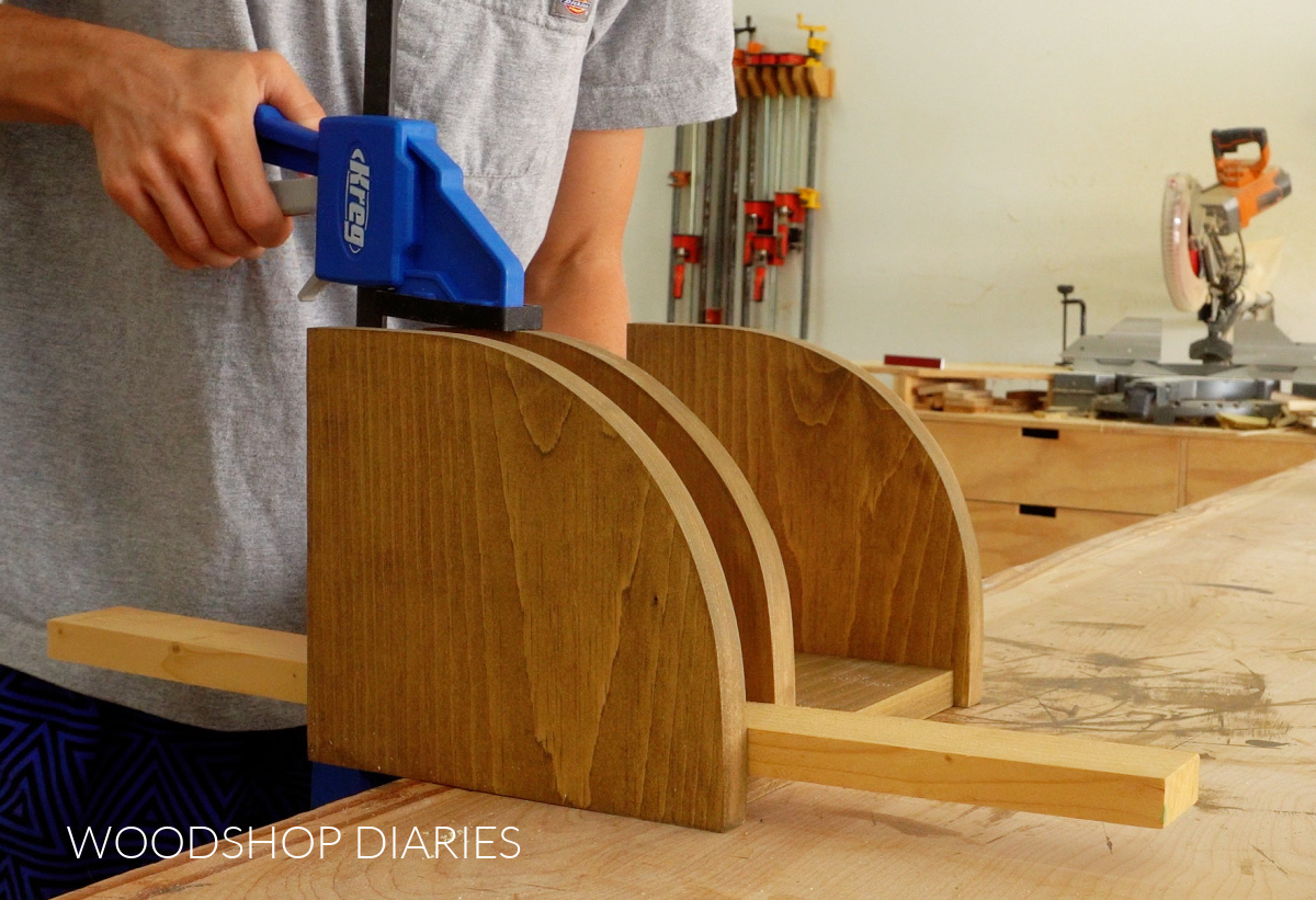 Shara Woodshop Diaries clamping desk organizer divider pieces before securing with screws