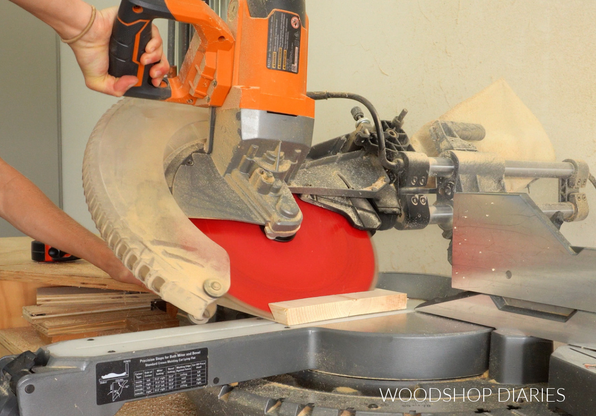 Shara Woodshop Diaries cutting waterfall edge pieces of wooden riser on miter saw