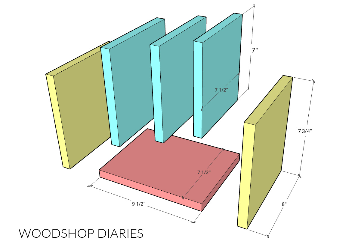 Dimensional diagram, exploded view of desk organizer parts