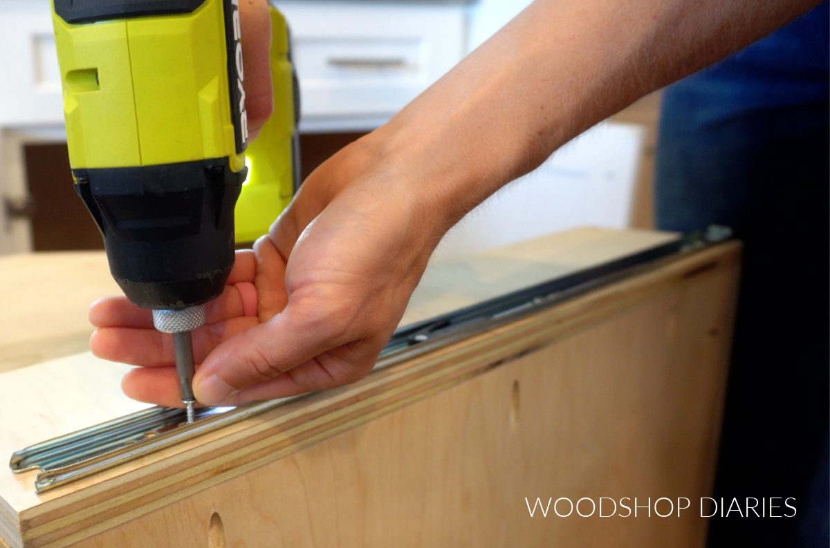 Shara Woodshop Diaries securing drawer slide to side of cabinet organizer project