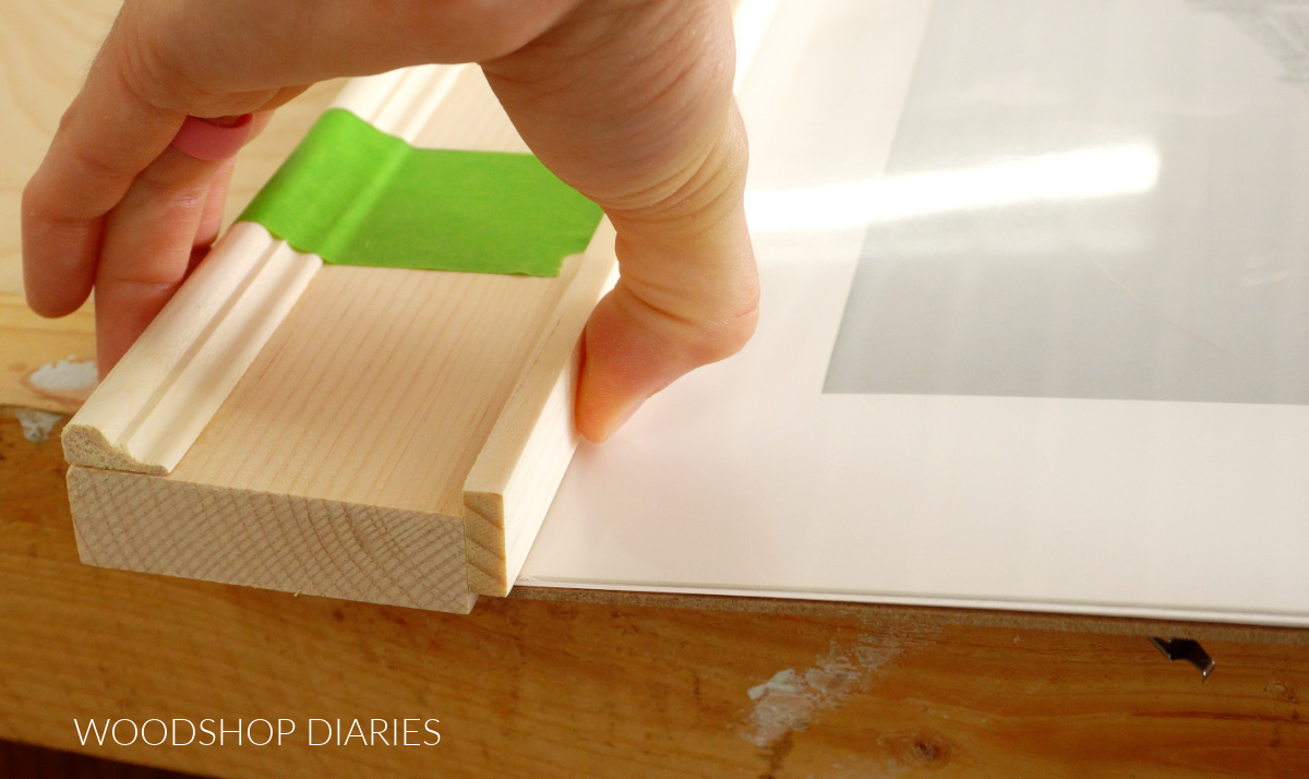 Test fitting lattice trim piece on 1x3 board for offset for picture frame
