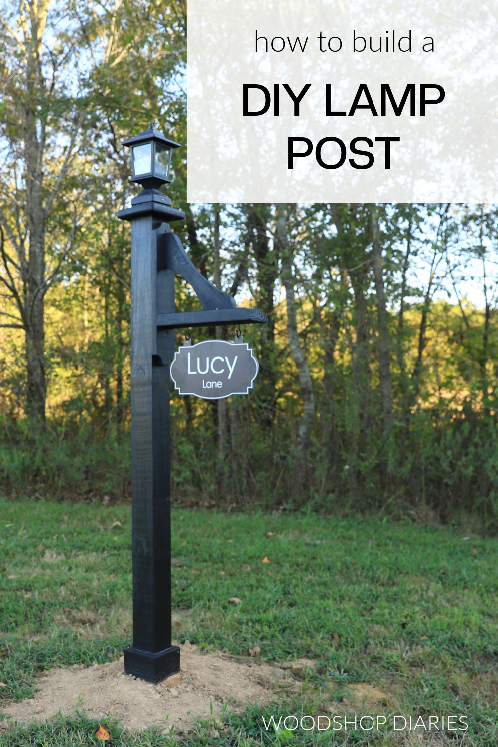 Pinterest image with black DIY lamp post and address sign in yard with text "how to build a DIY lamp post"