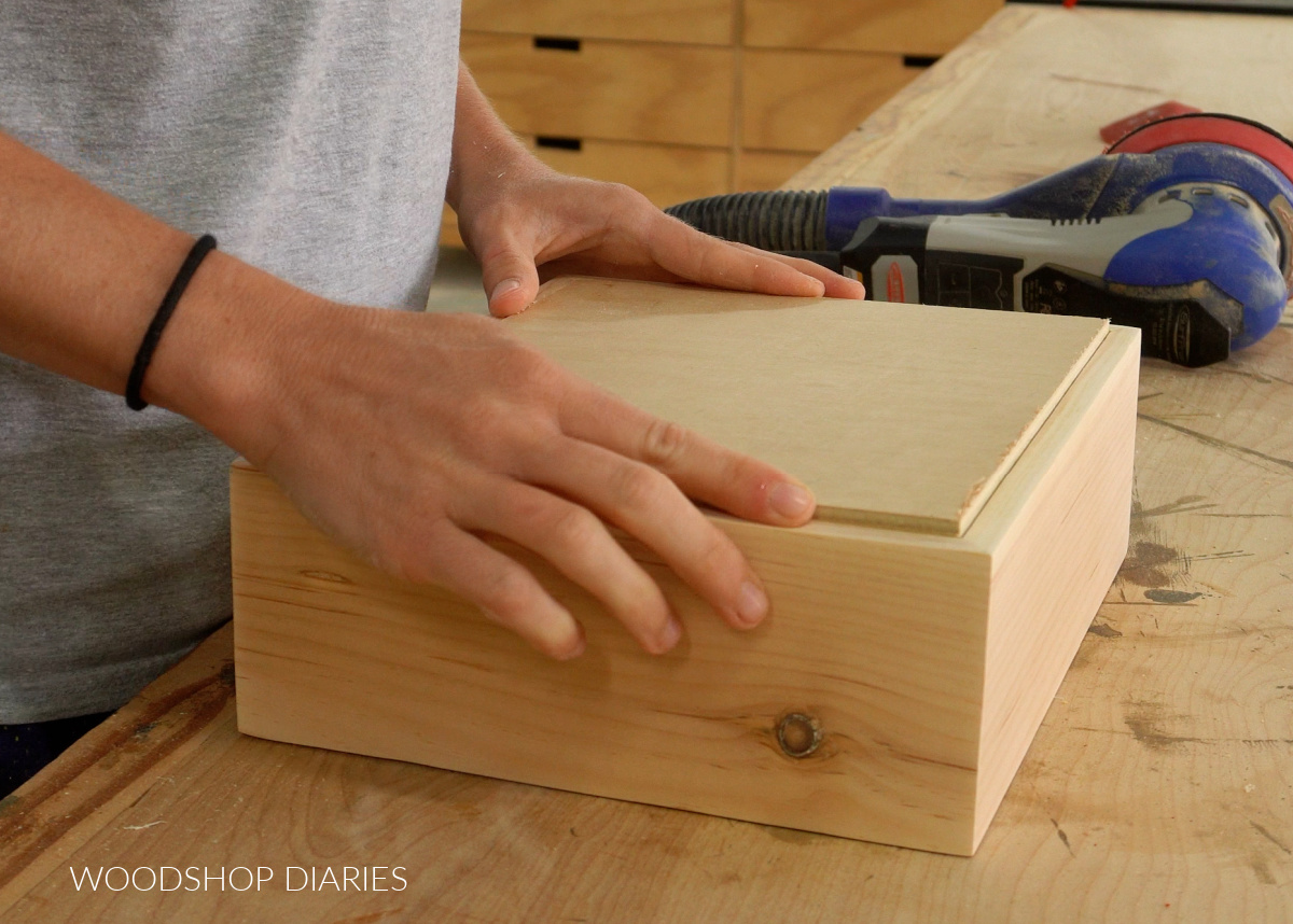 Shara Woodshop Diaries test fitting back board into shadow box