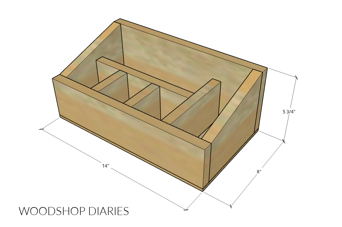 Overall dimensional diagram of wooden dinnerware holder with dividers