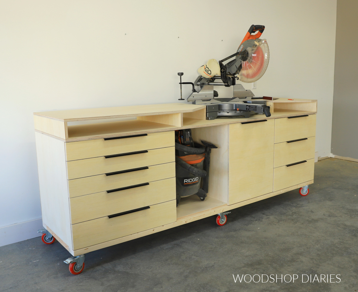 Mobile miter saw stand with 8 drawers, a storage cabinet and an open cubby for vacuum