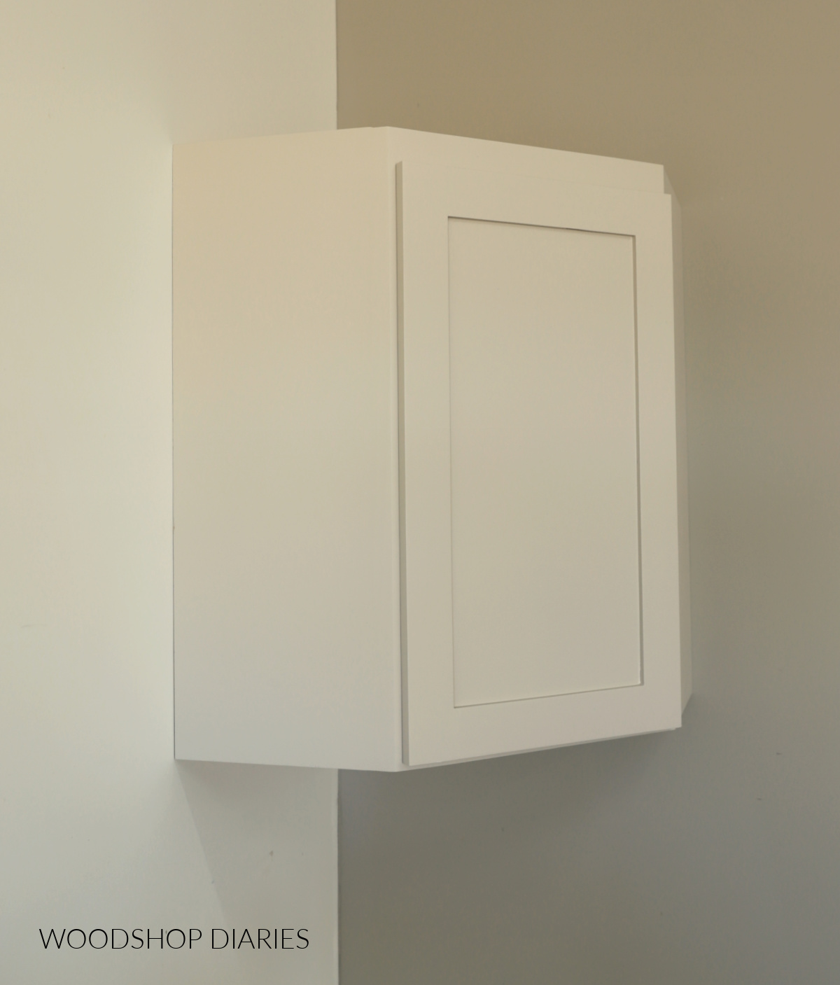 Completed DIY corner wall cabinet hung with door closed in corner of workshop 