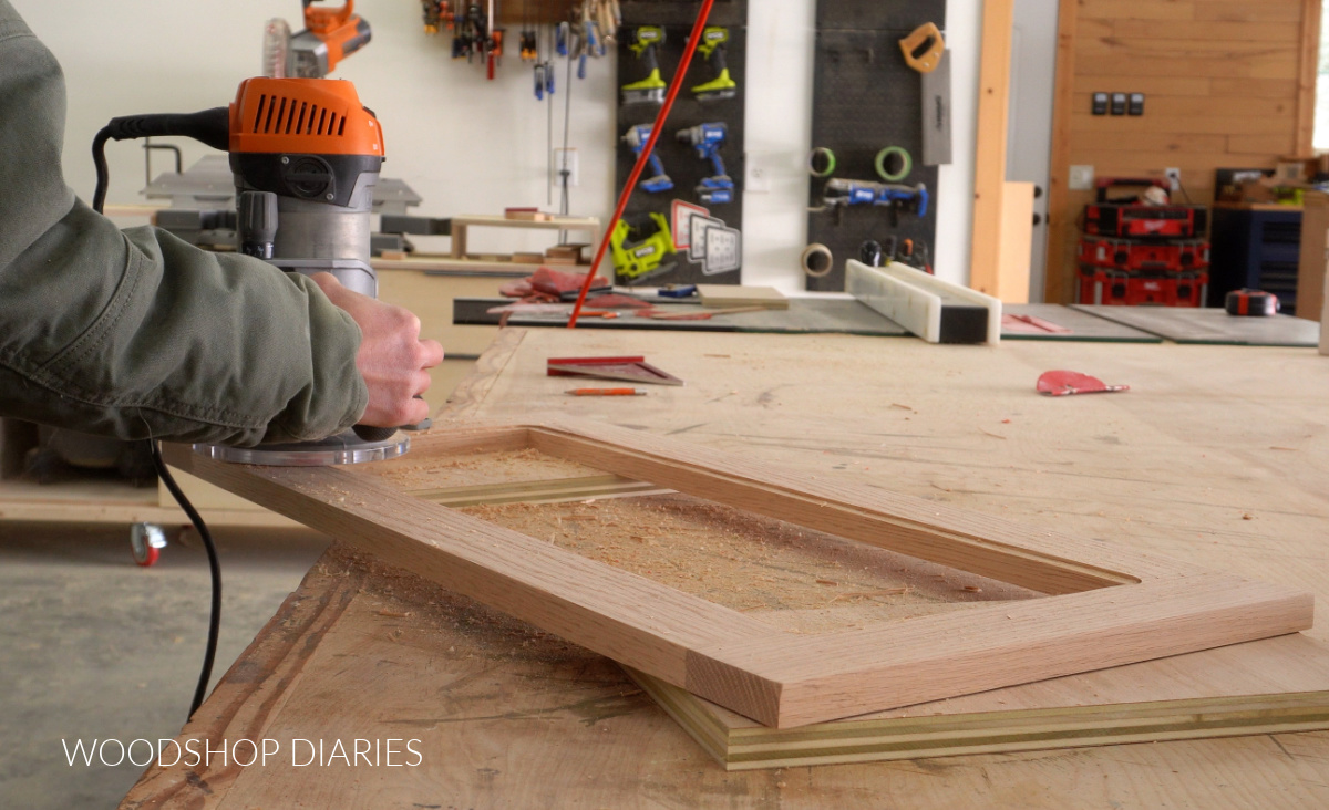 Shara Woodshop Diaries routing a rabbet on back side of red oak door frame 