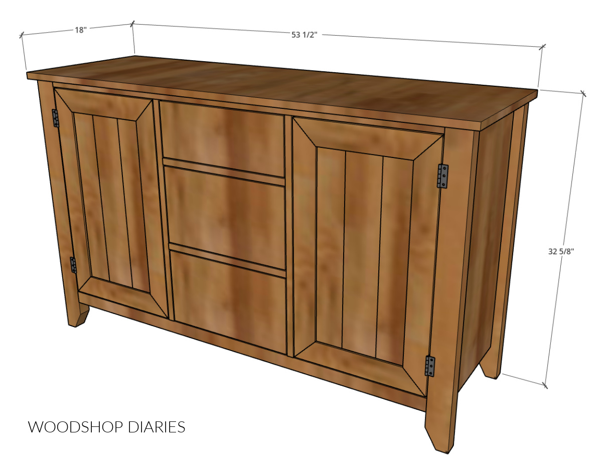 Dimensional diagram of buffet table showing total height, width, and depth
