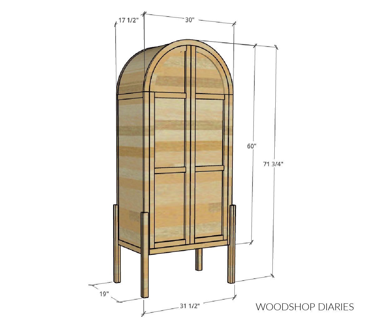 Overall dimensional diagram of arched cabinet with double doors
