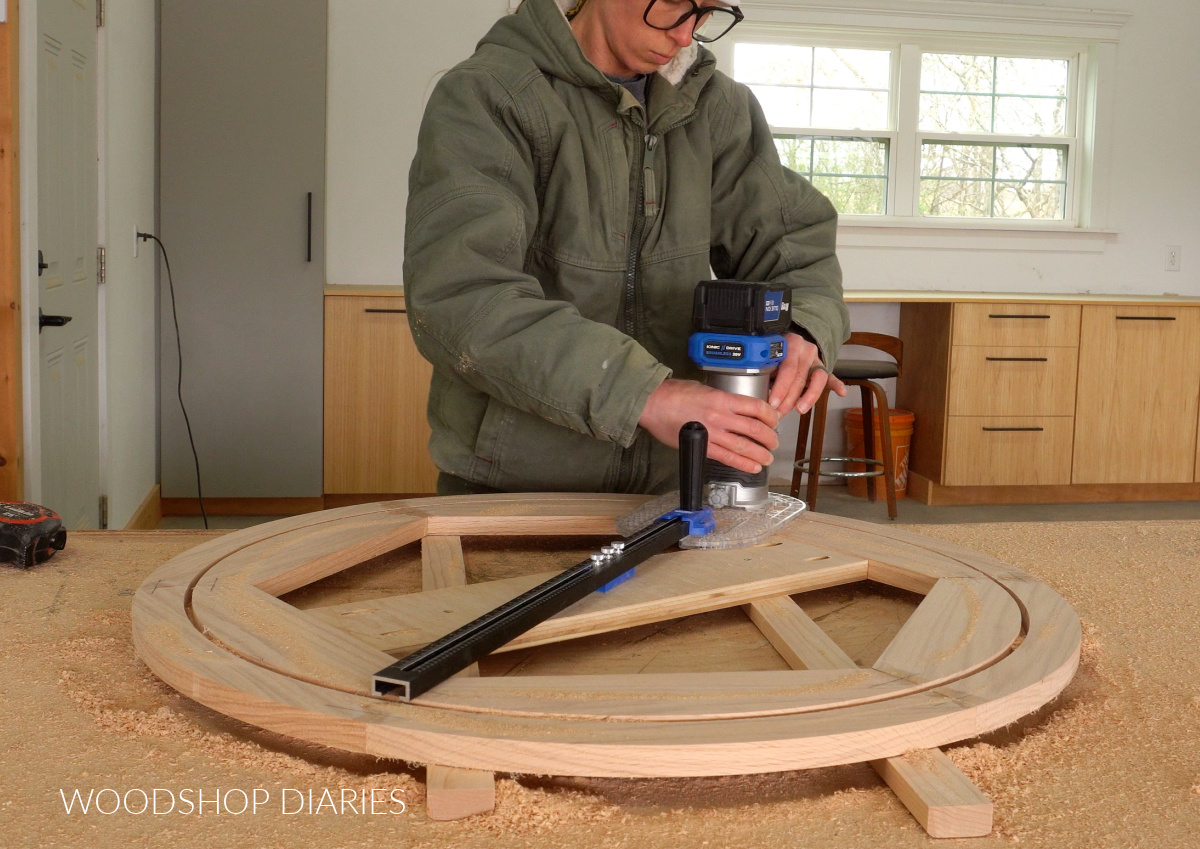 Shara Woodshop Diaries using router and circle cutting jig to cut wooden rings